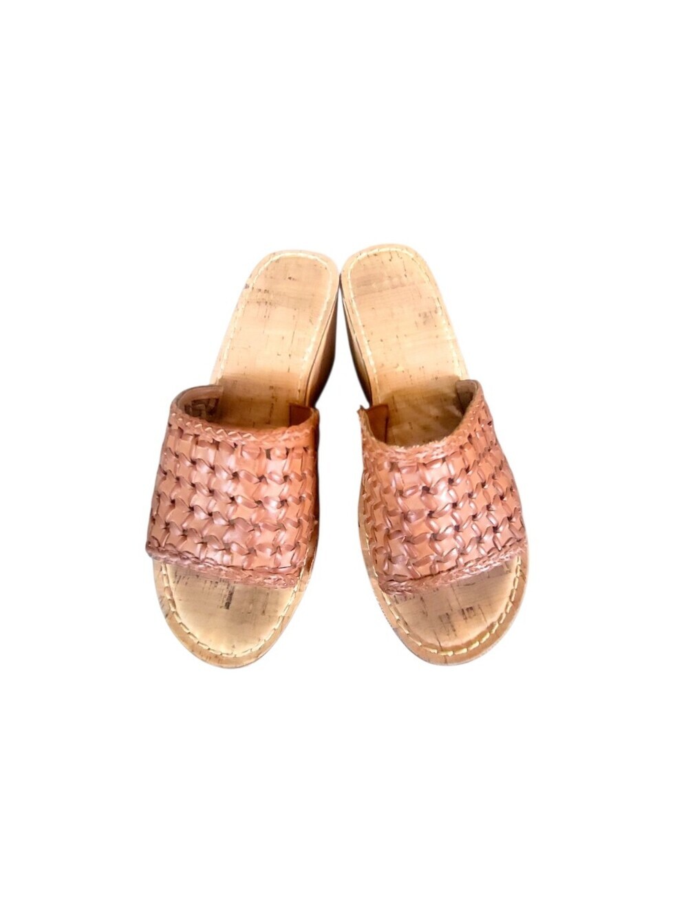 House Of Harlow 1960 Brown Woven Cork Wedge Slide Leather Sandals Sz 8